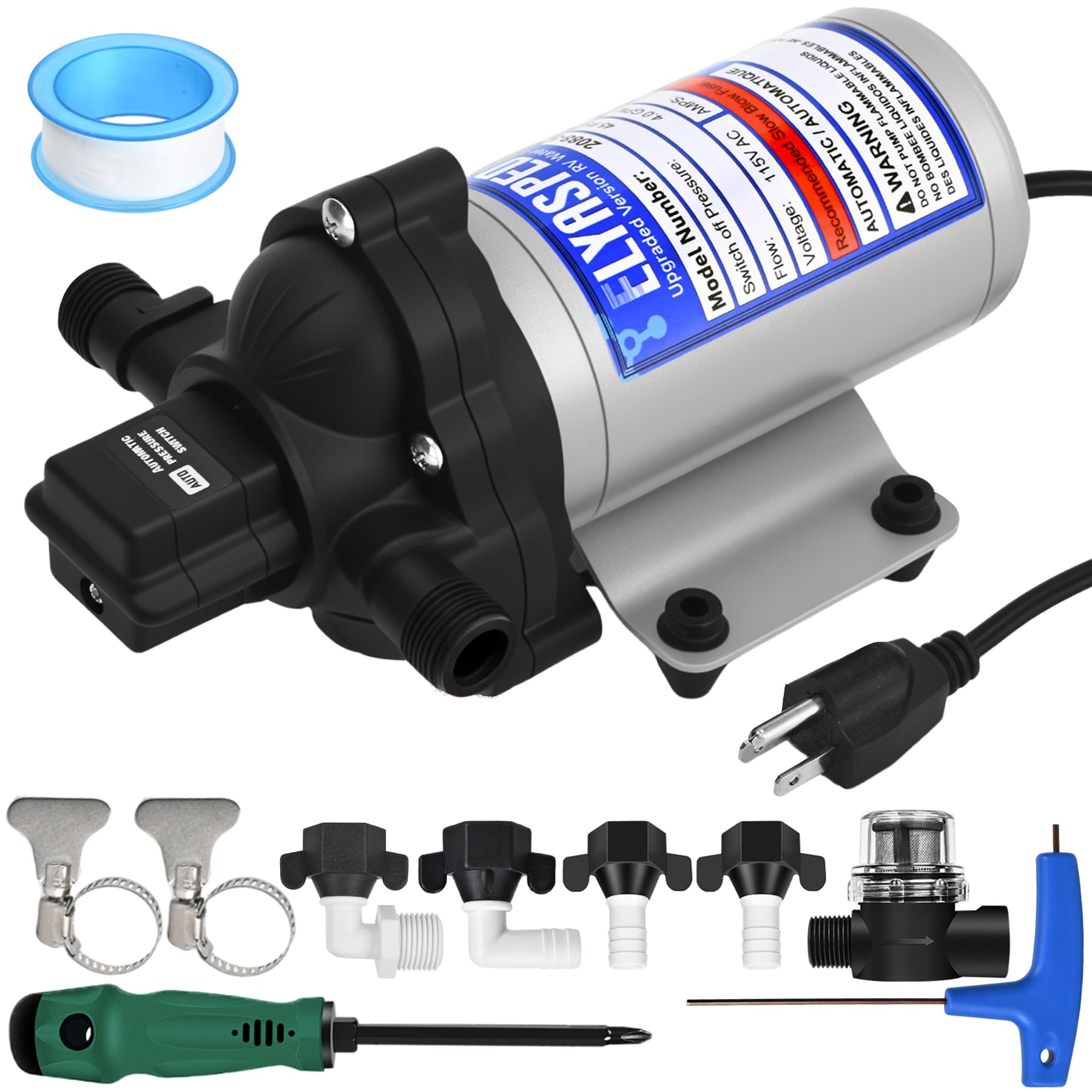 Photo 1 of 2025 Upgraded 2088-594-144 RV Fresh Water Pump, 115V AC 4.0 GPM Self-Priming Diaphragm Water Pump, 240GPH, 15.1LPM, 45PSI,Includes Pressure Switch and Detachable Filters,No Noise, for RV, Marine,Yacht
