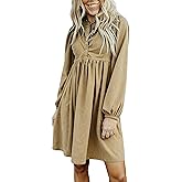 Apvirdy Womens Casual Long Sleeve Corduroy Dress Button Up Empire Waist Fall Winter Mini Babydoll Dress with Pockets