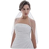SAMKY 1T 1 Tier Offset Floral Vine Edge Crystal Pearl Veil