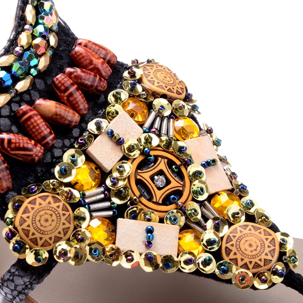 Odema Summer Bohemian Colorful Beaded Snake Pattern Flat Womens Beach Thong S. Black - Image 5