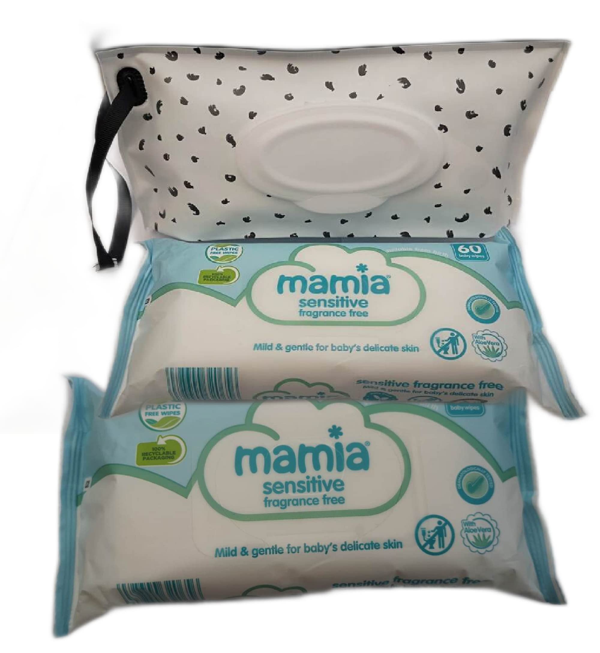 Aldi Mamia Baby Wipes Sensitive Multipack Plastic Free With Reusable Dispenser Pouch Bulk 2 Pack (120 Wet Wipes) Bundle (Black and White)