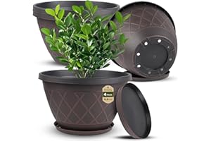 Large Plant Pots Set of 4 Pack 9.8 inch, Planters with Drainage Holes & Saucers, Plastic Flower Pots for Indoor & Outdoor Gar