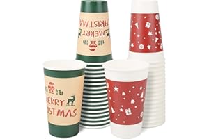 RULYYO Disposable Paper Coffee Cups Christmas Cups W/O Lids Festive Cups for Hot or Cold Beverages Decorative Holiday Cups for Christmas (Red and Letter Combo) - 16oz, 34 Count