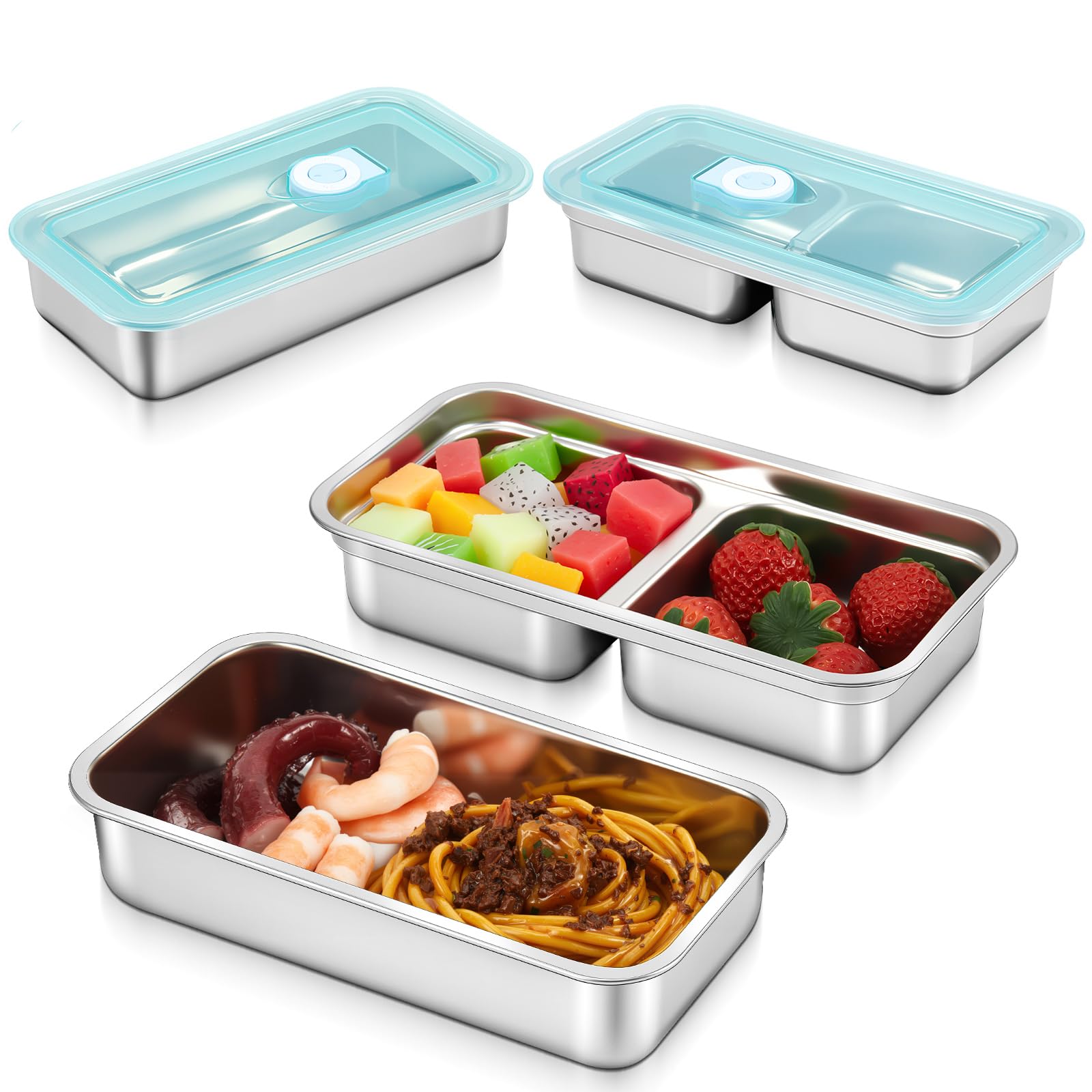 Photo 1 of ***MISSING 2*** Blushtier 4 Pcs Stainless Steel Snack Containers, Grab and Go Snack Containers Reusable, Double Compartment Condiment with Lid Stainless Steel Food Storage for Classroom Travel and Outdoor Camping