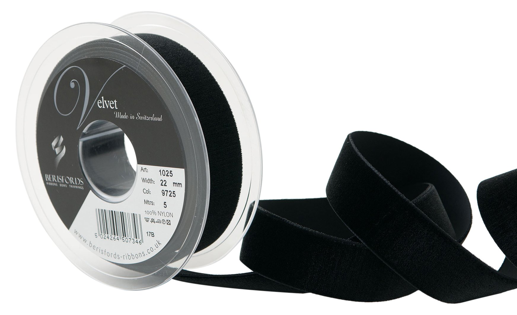 Berisfords Velvet Ribbon, Black, 10.2 x 2.2 x 10.2 cm