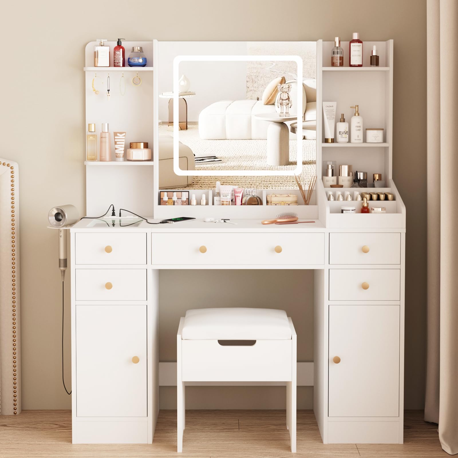 Photo 1 of **SELLING FOR PARTS AS PARTIAL SET **PVabches Vanity Desk with Mirror and Lights, 5 Drawers Makeup Vanity Table with Storage Chair, 44.9in Big Vanity Dresser 3 LED Lighting Modes,Power Outlet,Bedroom White