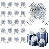 20 Pcs Christmas Pull Bows – 6 Inch Large Organza Gift Bows with Ribbon for Gift Wrapping, Baskets, Weddings & Valentine’s Day Decorations(Silver)