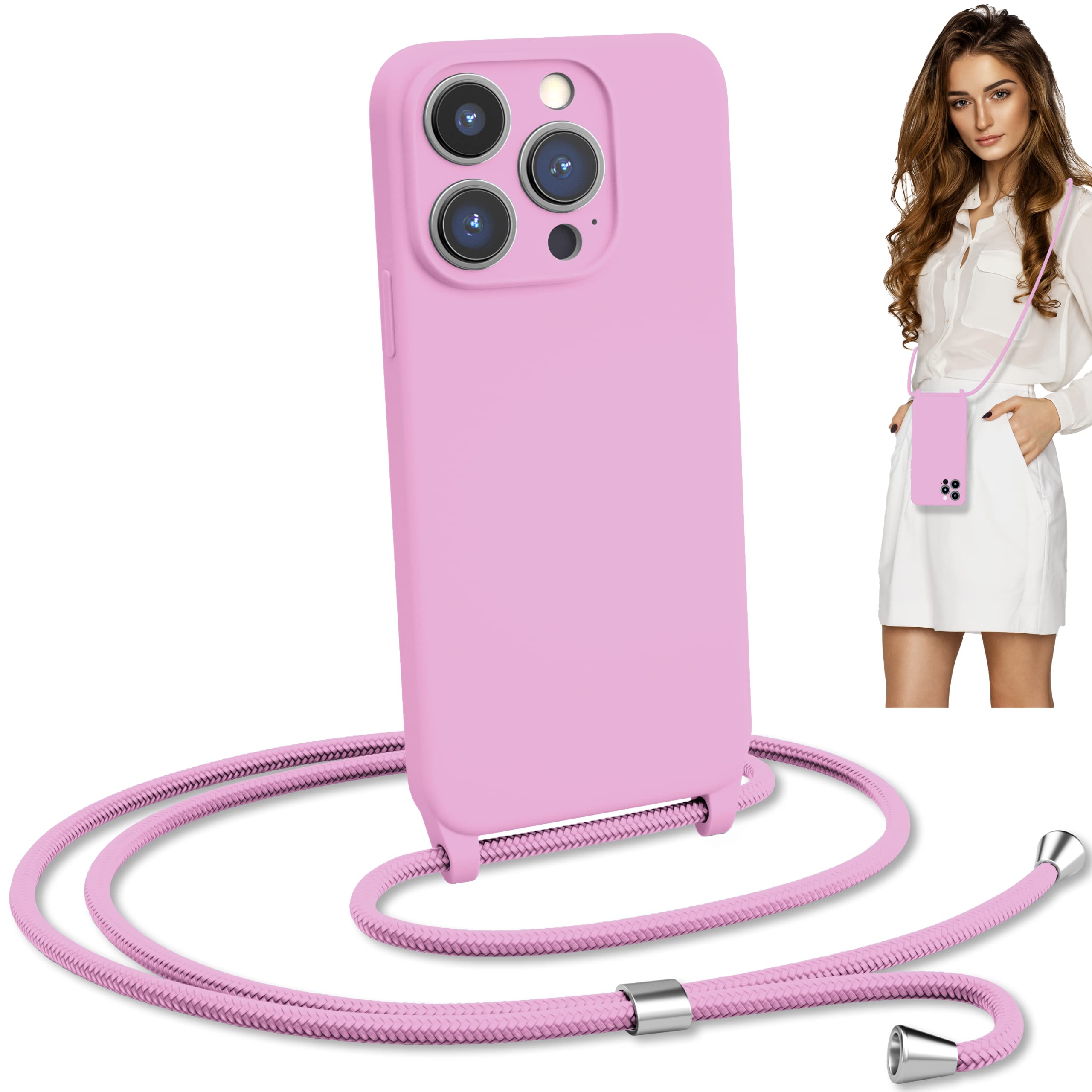 Blaspins Crossbody Lanyard Strap Case for iPhone 15 Pro, Hands-Free Neck Cross Body Wrist, Adjustable Rope Removable, Drop Protection Shockproof Silicone Case 6.1 inch, 150 cm Strap, iP15Pro - Pink