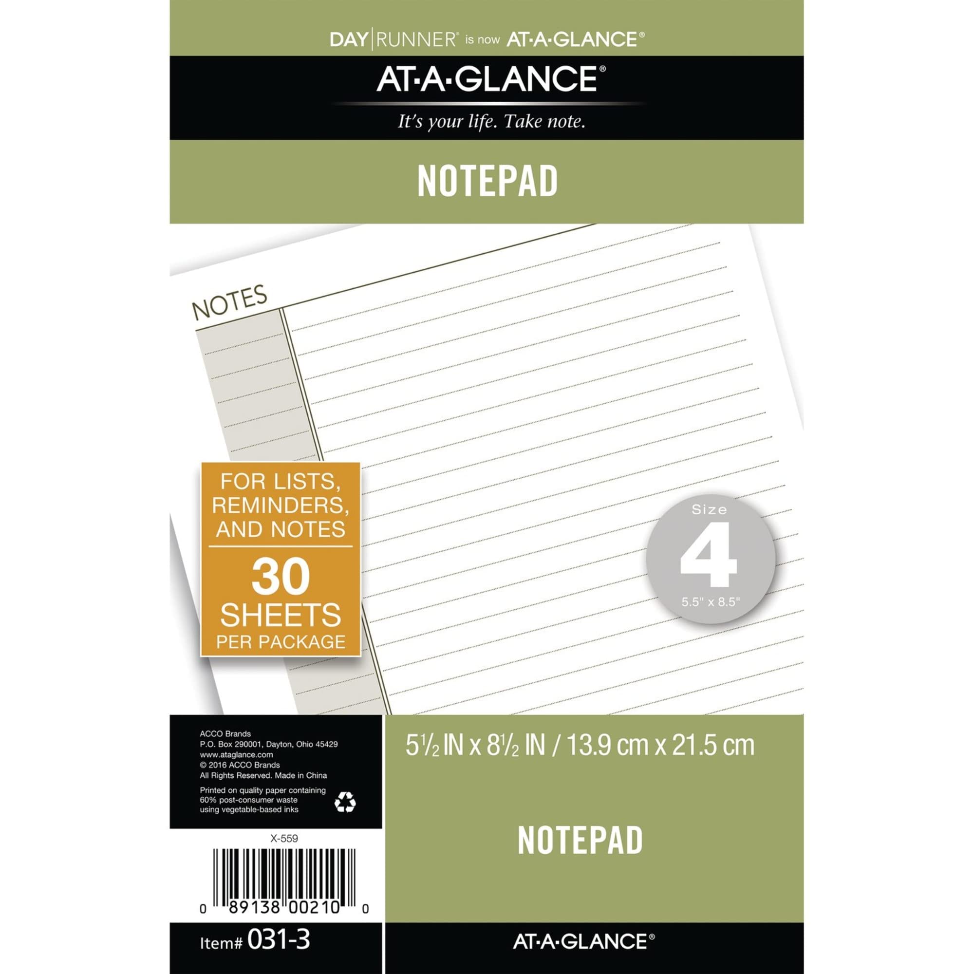 AT-A-GLANCE Day Runner Lined NotePad Pages, 87275 DAY-TIMER, Refill, Loose-Leaf, Undated, for Planner, 5-1/2" x 8-1/2", Size 4, 32 Sheets/Pack (031-3)