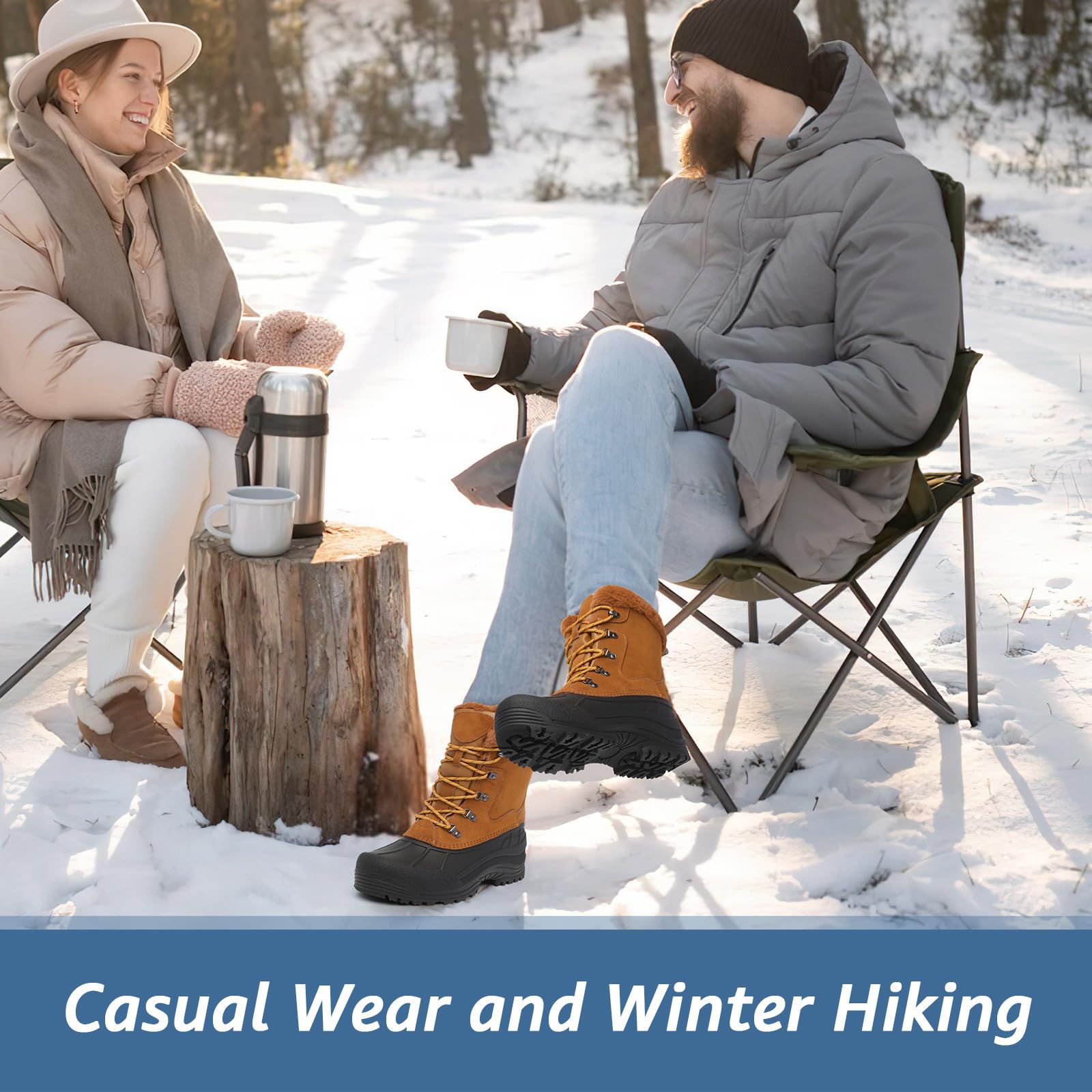 Condition photo showing New/Like New for kelway men’s winter boots, insulated waterproof leather & suede snow boots with anti-slip rubber sol