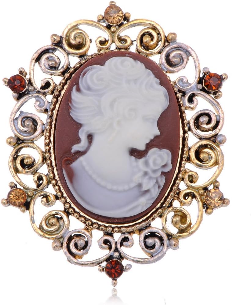 Vintage Brooch Pin Women Antique Golden Tone Victorian Floral Purple Cameo