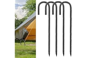 KVVOUBES Black Rebar Stakes 12inx6mm Galvanized J Hook 4pcs – Heavy Duty Ground Tent Stakes for Fence,Bounce House,Outdoor Plants,Artificial Turf,Dog Coop,Metal Stakes for Christmas Decorations
