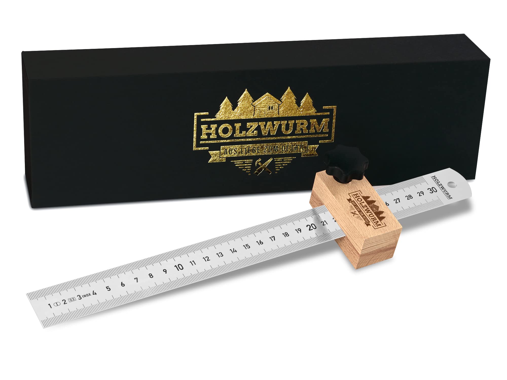 HOLZWURM Marking gauge with INOX ruler made of metal, 300 mm stop ruler for precise work