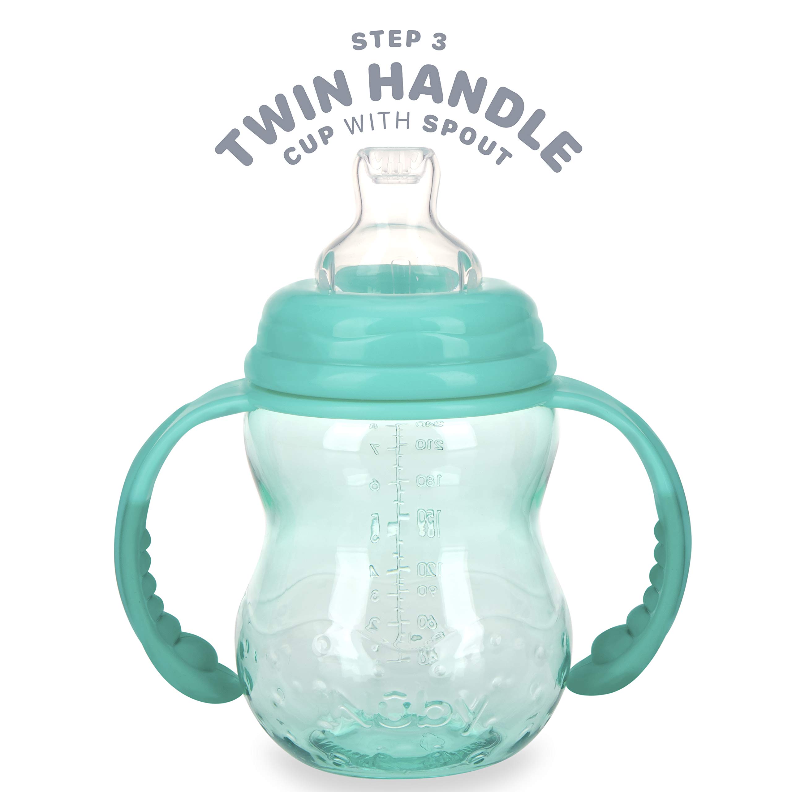 Nuby 3 in 1 Baby Bottle to Training Sippy Cup - 8 Oz Toddler Cups Spill Proof with Soft Spout, Nipple & Removable Grip Handles - Dishwasher Safe (Teal)