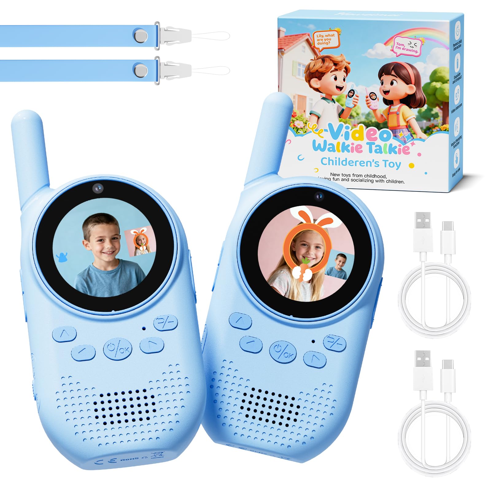 HEWEIMEI Video Walkie Talkies for Kids, Rechargeable Kids Walkie Talkies with Screen Display & Voice Changer, Outdoor Toys for 3-12 Years Boys Girls Birthday Christmas (Blue&Blue)
