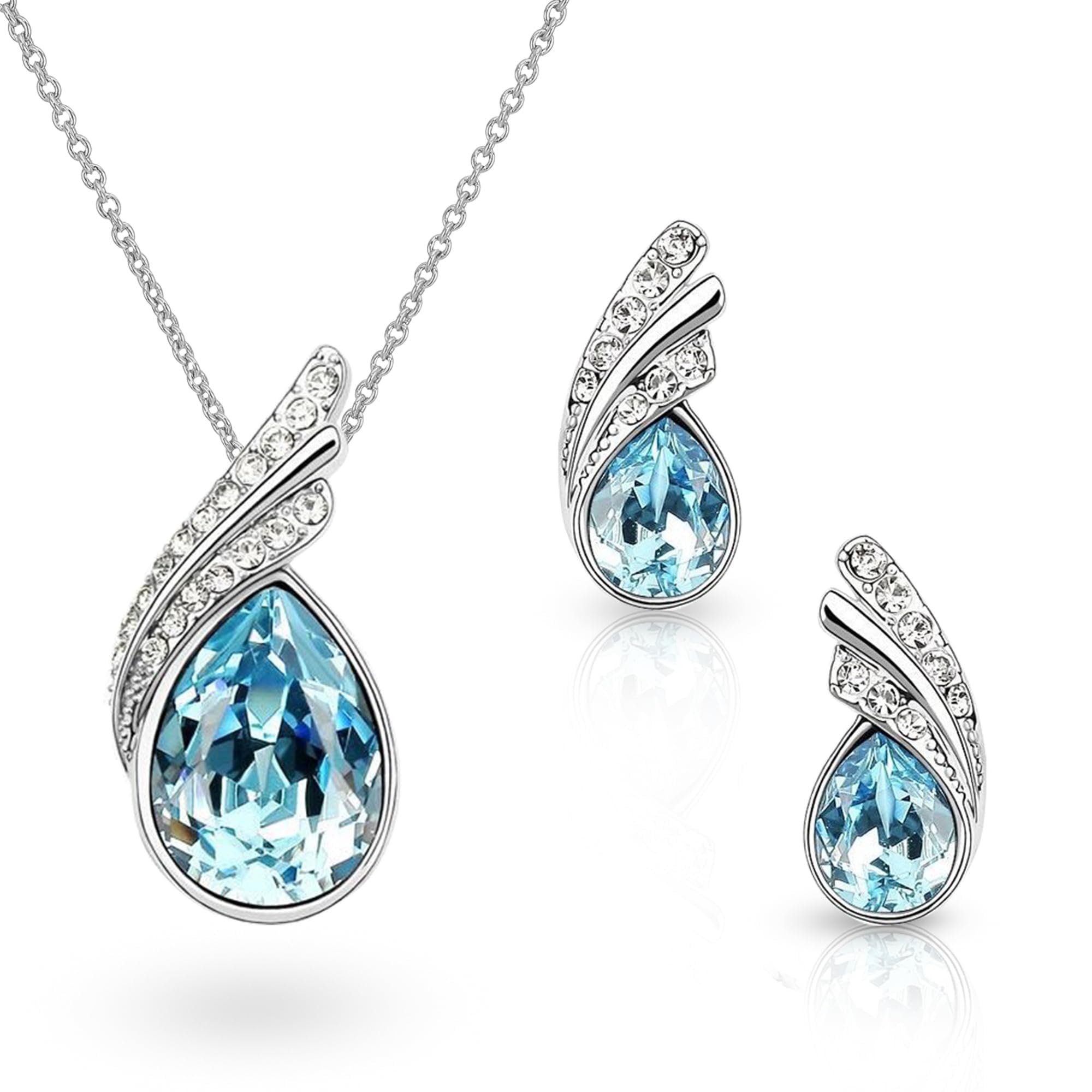 Crystalline Azuria Women 18ct White Gold Plated Teardrops Blue Simulated Aquamarine Crystals Set Pendant Necklace 17.7 inches Earrings