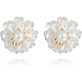 DEYOUM Flower Pearl Stud Earrings for Women Dainty 14K Gold Plated White Round Shell Flower Floral Hydrangea Clover Cluster Leaf Blossom Elegant Wedding Birthday Holiday Jewelry Gifts