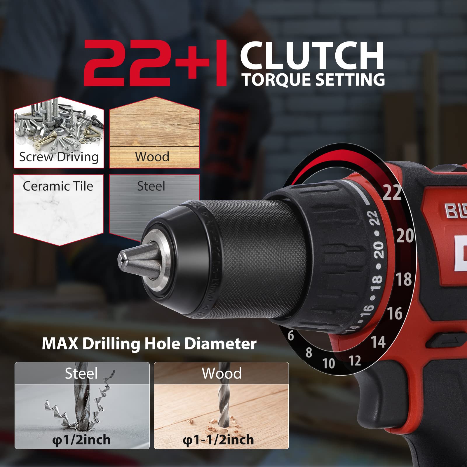 DCK Brushless Cordless Drill Set, 20V Max Electric Drill with 4.0Ah Battery 531in.lbs, 1/2Inch Keyless All-Metal Chuck, 2 Variable Speeds, Power Drill Kit for Screw Wood/Ceramic/Tile/Steel KDJZ04-13