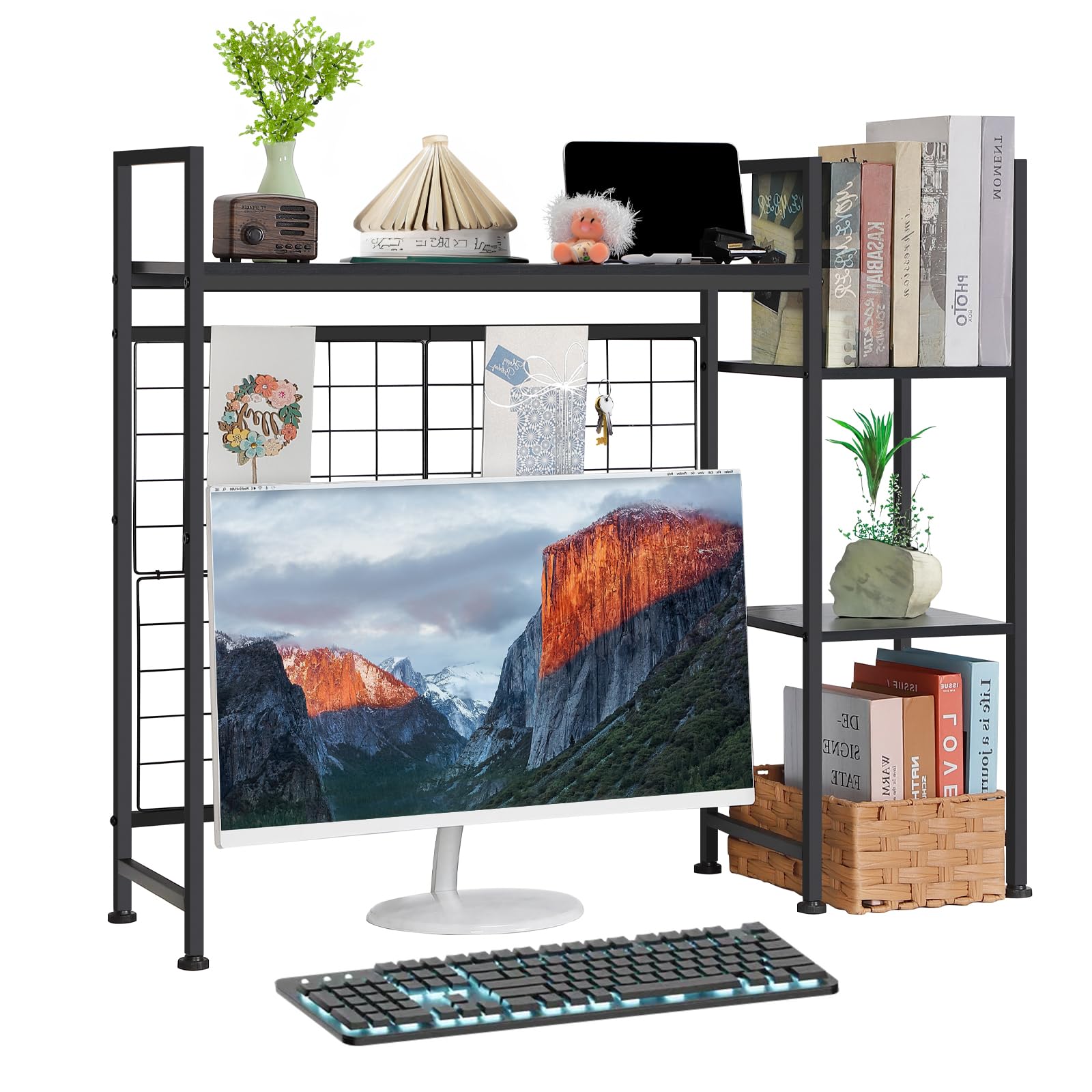 Photo 1 of NOVIMANGO Computer Desktop Bookcase Desktop Organizer Shelf Desk Shelf for Top of Desk Black Desk Hutch Dorm 3-Tier Multipurpose Wood Desk Hutch Bookshelf with Adjustable Shelf for Home Office