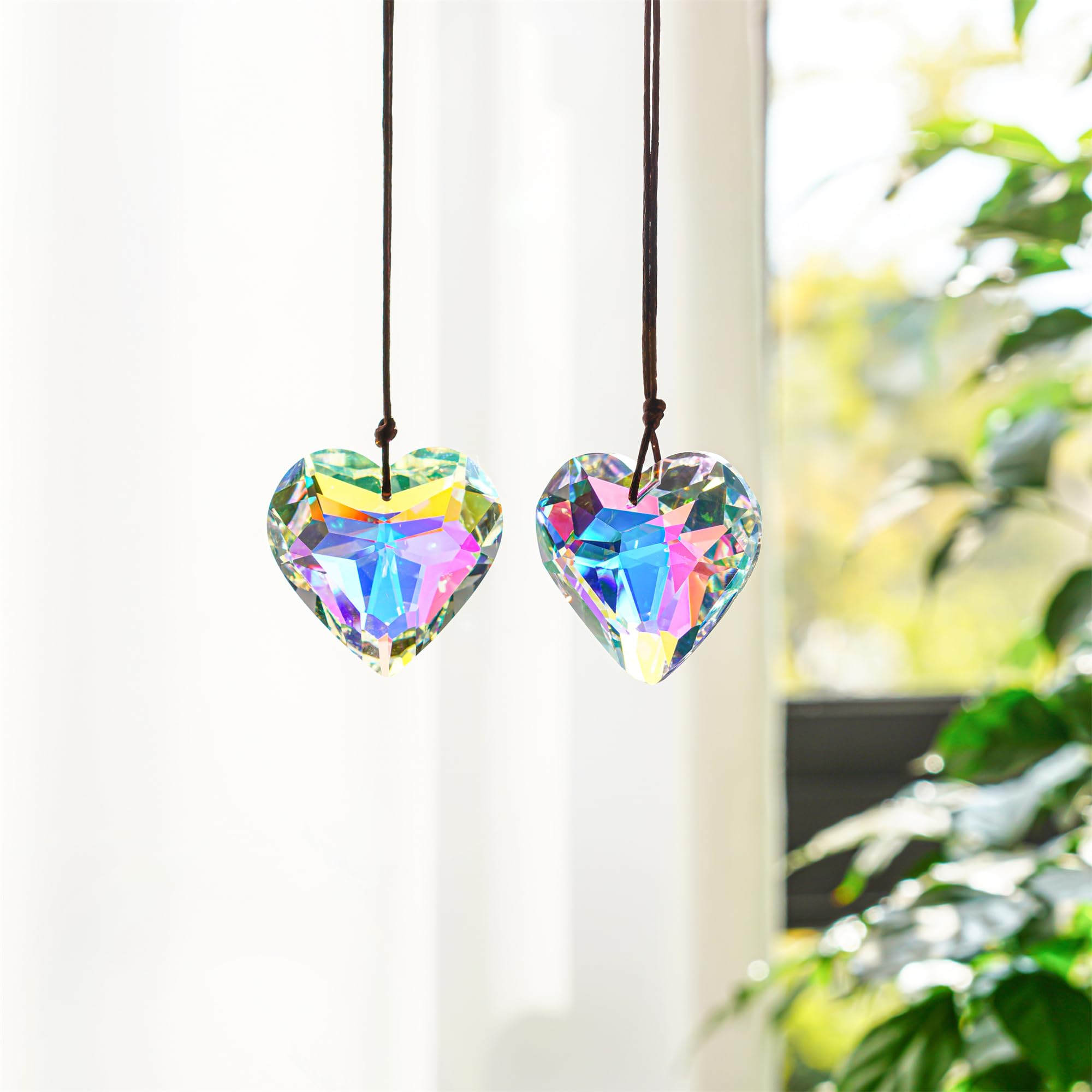 H&D HYALINE & DORA 2PCS 50mm Suncatcher Crystal Heart Prisms Hanging for Windows, AB Color Heart Shape Prisms Rainbow, Glass Chandelier Sun Catcher with Rope — image 1