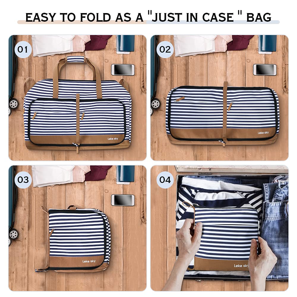 Lekesky Reisetasche Damen 60L Faltbare Reisetasche Weekender Sporttasche mit Schuhfach, wasserdichte Handgepäck Tasche/Sporttasche/Krankenhaustasche (Blau Gestreift) 7