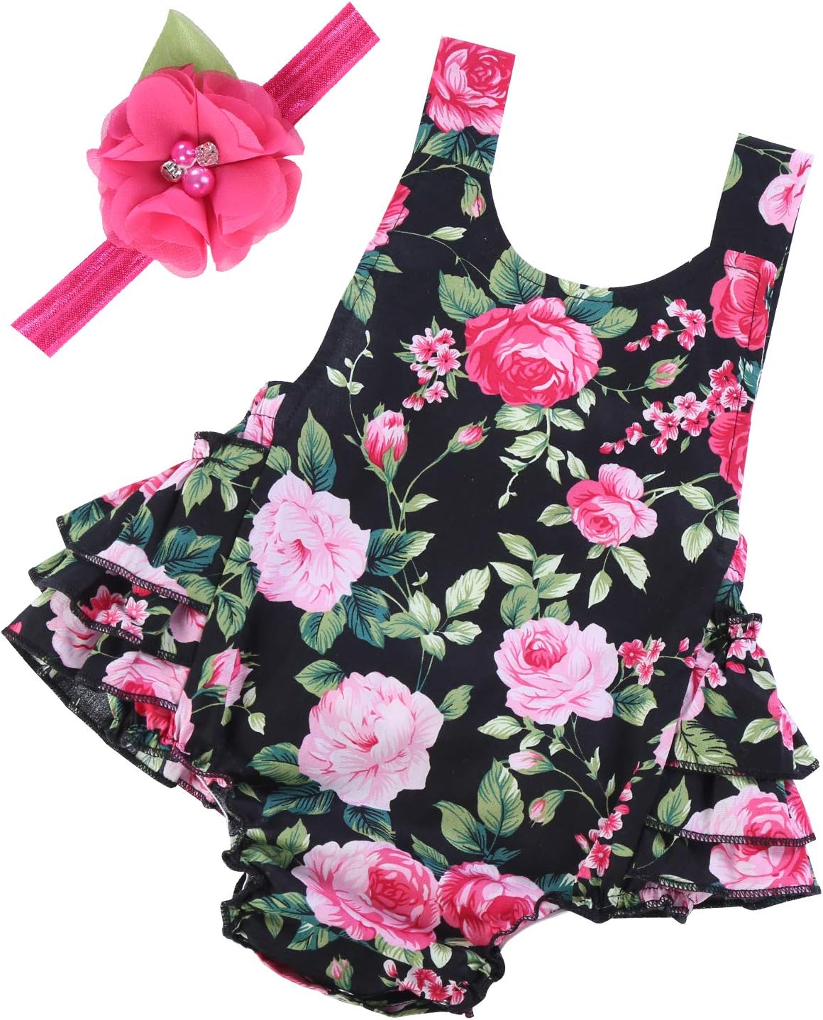 Baby Girl's Floral Print Ruffles Romper Summer Clothes with Headband