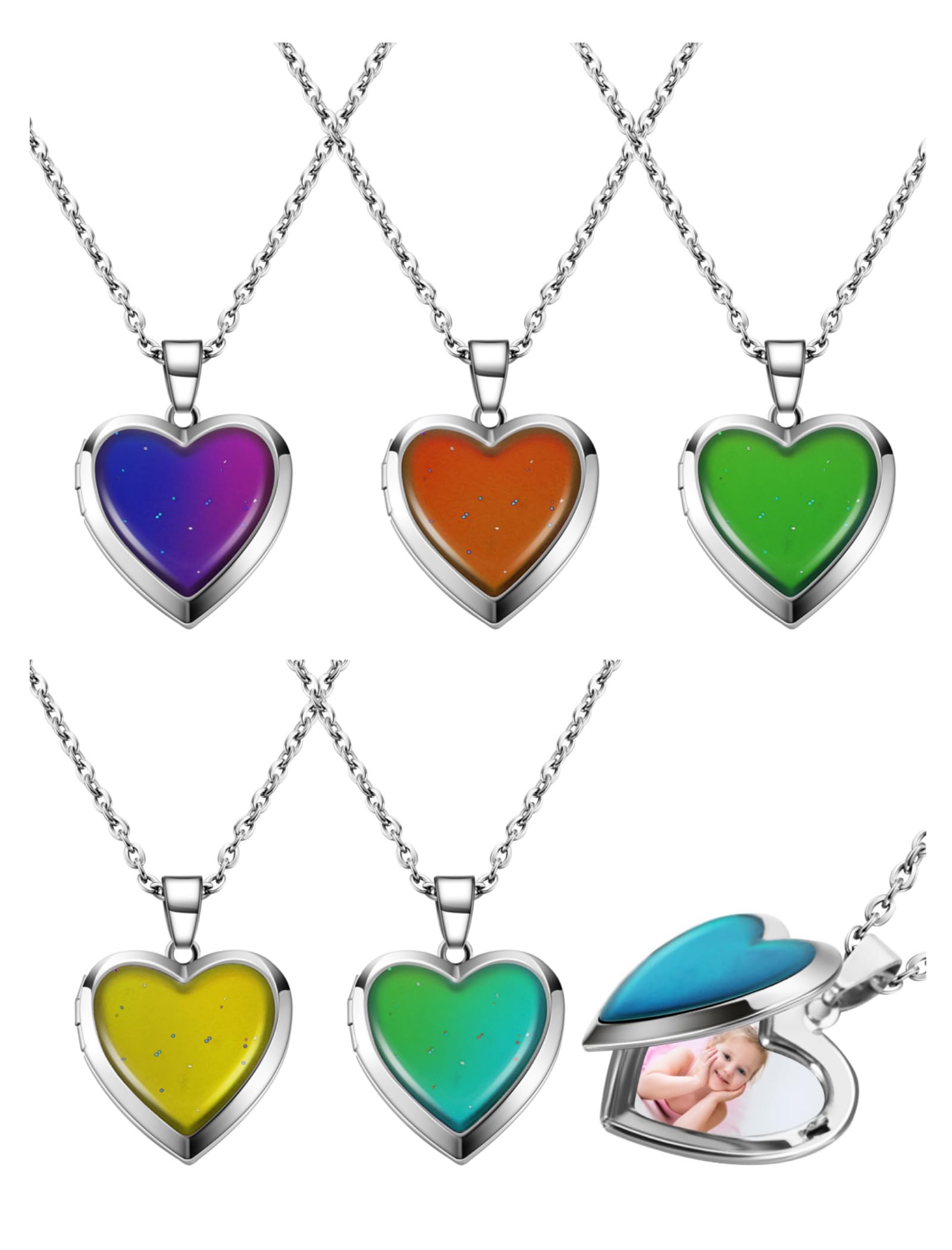 Heart Mood Locket Necklace Kid Locket Color Changing Necklace Temperature Sensing Mood Necklace Stainless Steel Love Shape Photo Pendant Birthday Valentines Gift Girls