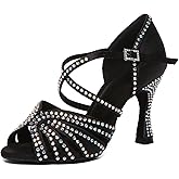 ZengyeZoo Womens Low High Heel Dance Shoes with Rhinestones Comfortable Wedding Evening Sandals L612 Black 3.5" Heel US 8