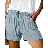NILOINE Womens Elastic Waist Drawstring Shorts Summer Lightweight Beach Shorts Comfy Casual Short Pants with Pockets