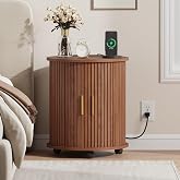 Fluted End Table with Sliding Door Charging Station Lockable Wheels Walnut | Tall Side Table with Storage Shelf, Round Bedside Table for Living room, Mid-Century Modern Nightstand for Bedroom