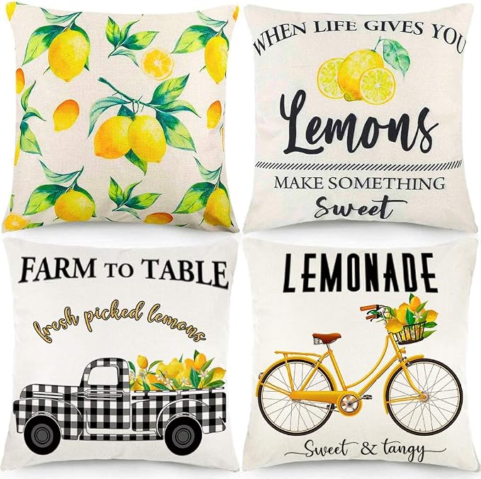 CDWERD 4pcs Summer Lemon Throw Pillow Covers 18x18 Inches Buffalo Check Summer Decorations Farmhouse Pillowcase Cotton Linen Cushion Case Home Decor for Car Sofa Bed Couch