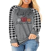 Grateful Thankful Blessed Shirt Plus Size Women Leopard Stripe Color Block Shirts Thanksgiving Pumpkin Long Sleeve Fall Tee
