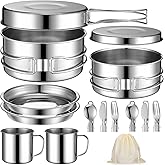 Funnymoom 14 Piece Camp Cooking Set, Stainless Steel Camping Cookware with Pot and Pan Kit 2 Set Stainless Steel Cups Plates Forks Knives Spoons for Camping, Backpacking, Outdoor Cooking and Picnic