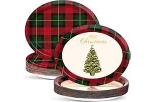 QYEAHKJ 50 PCS Christmas Red & Green Gingham Oval Paper Plates Large 11” Disposable Christmas Theme Party Decorations Xmas Supplies Favor for Gathering Dinner Heavy Duty Dish Tray Holiday Party Tableware Set