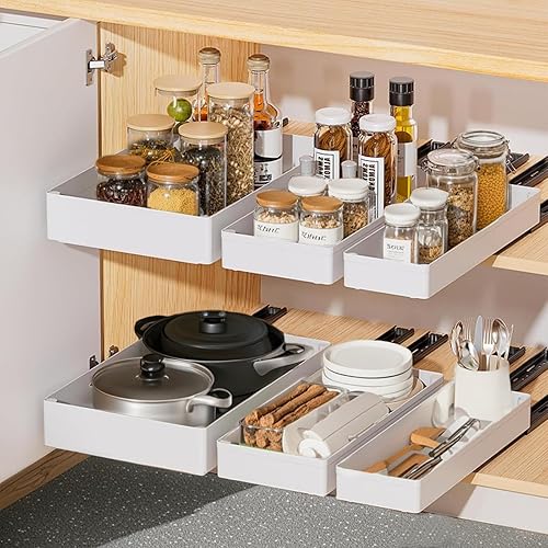 diceevil 3 Pack Pull Out Cabinet Organiser, Extendable Slide Out Kitchen Storage Drawer Shelf, No Drill Cupboard Organizer with Rail System for Kitchen Base Cabinet Organization