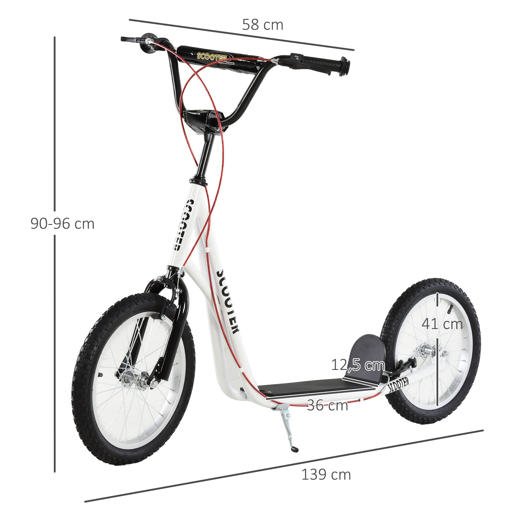 HOMCOM Scooter für Kinder Kinderroller Tretroller mit verstellbarem Lenker, großen Rädern und Handbremse Kickscooter 16 Zoll Cityroller für Jungen und Mädchen ab 5 Jahre Metall Weiß 7
