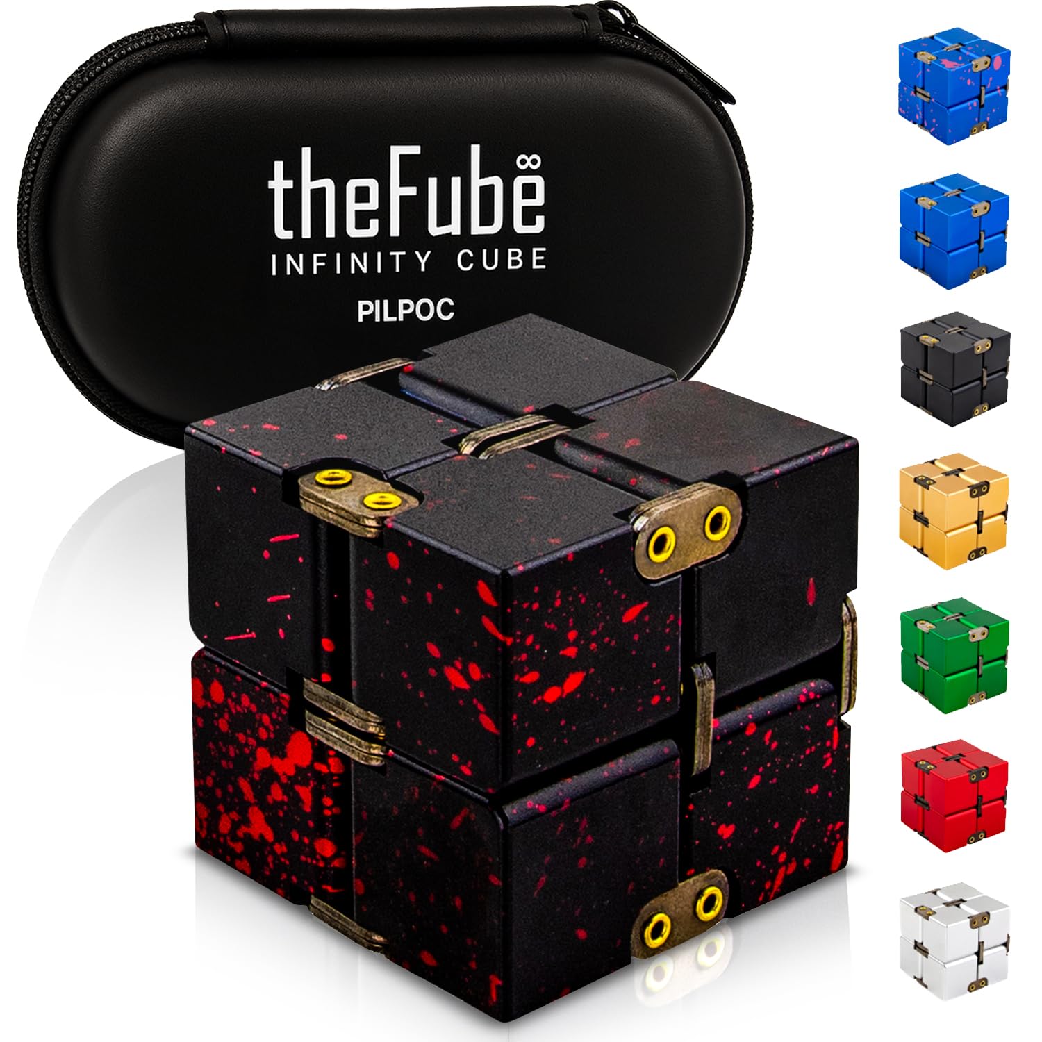 PILPOC theFube Infinity Cube Fidget Desk Toy - Aluminum Infinite Magic Cube with Case, Sturdy, Heavy, Relieve Stress and Anxiety, for ADD, ADHD, OCD (Black Red)