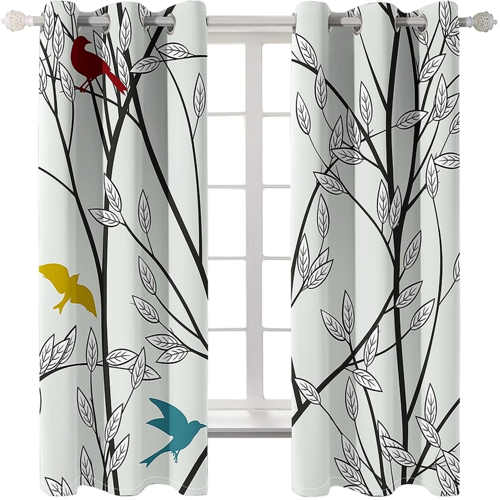 Daesar Bedroom Blackout Curtains 2 Panel Sets, Blackout Drapes for Living Room Tree Branch with Leaves and Birds Window Treatment Curtains Black White Red Yellow Polyester Curtain 54" W x 54" L