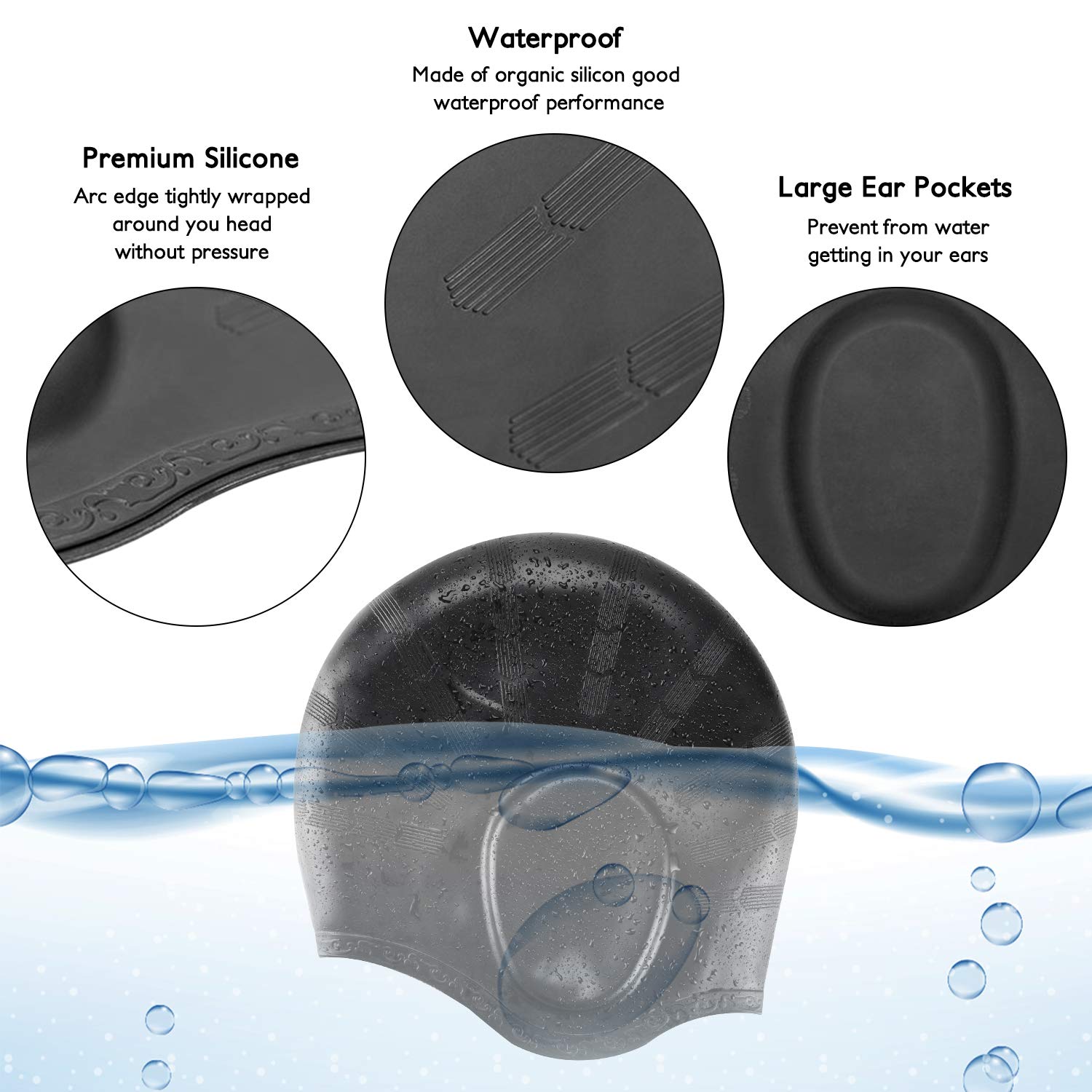 Yostyle Swim Cap, 2Pack Silicone Swimming Caps for Long Hair - 3D Ergonomic Design Swimming Hat for Women Kids Men Adults Boys Girls, Comfortable and Durable with Nose Clip & Ear Plugs - Black & Blue
