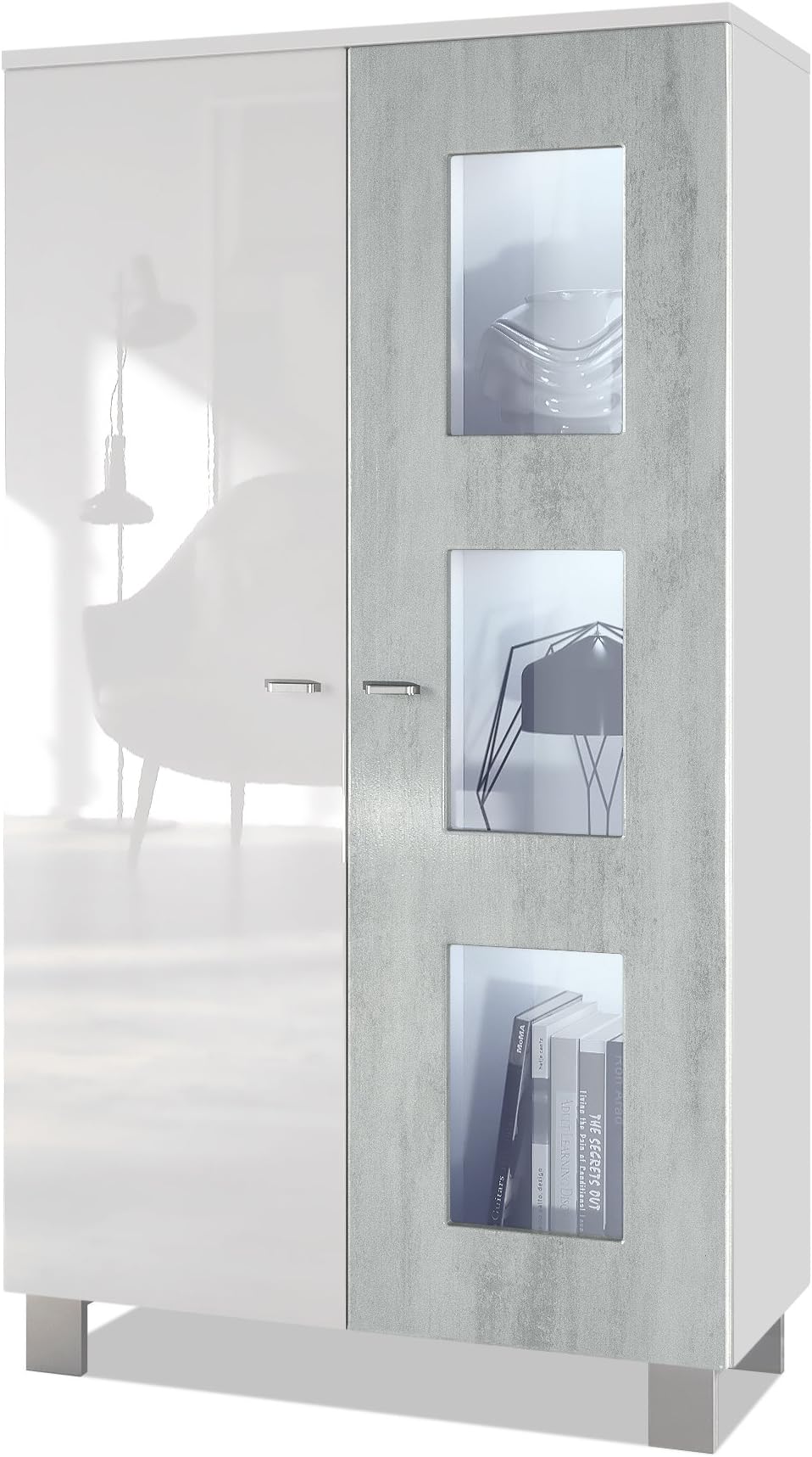 Vladon Denjo Display Cabinet, Free-Standing Display Case with 2 Doors and 3 Glass Panels, White matt/White High Gloss/Concrete Grey Oxide, incl. LED lighting
