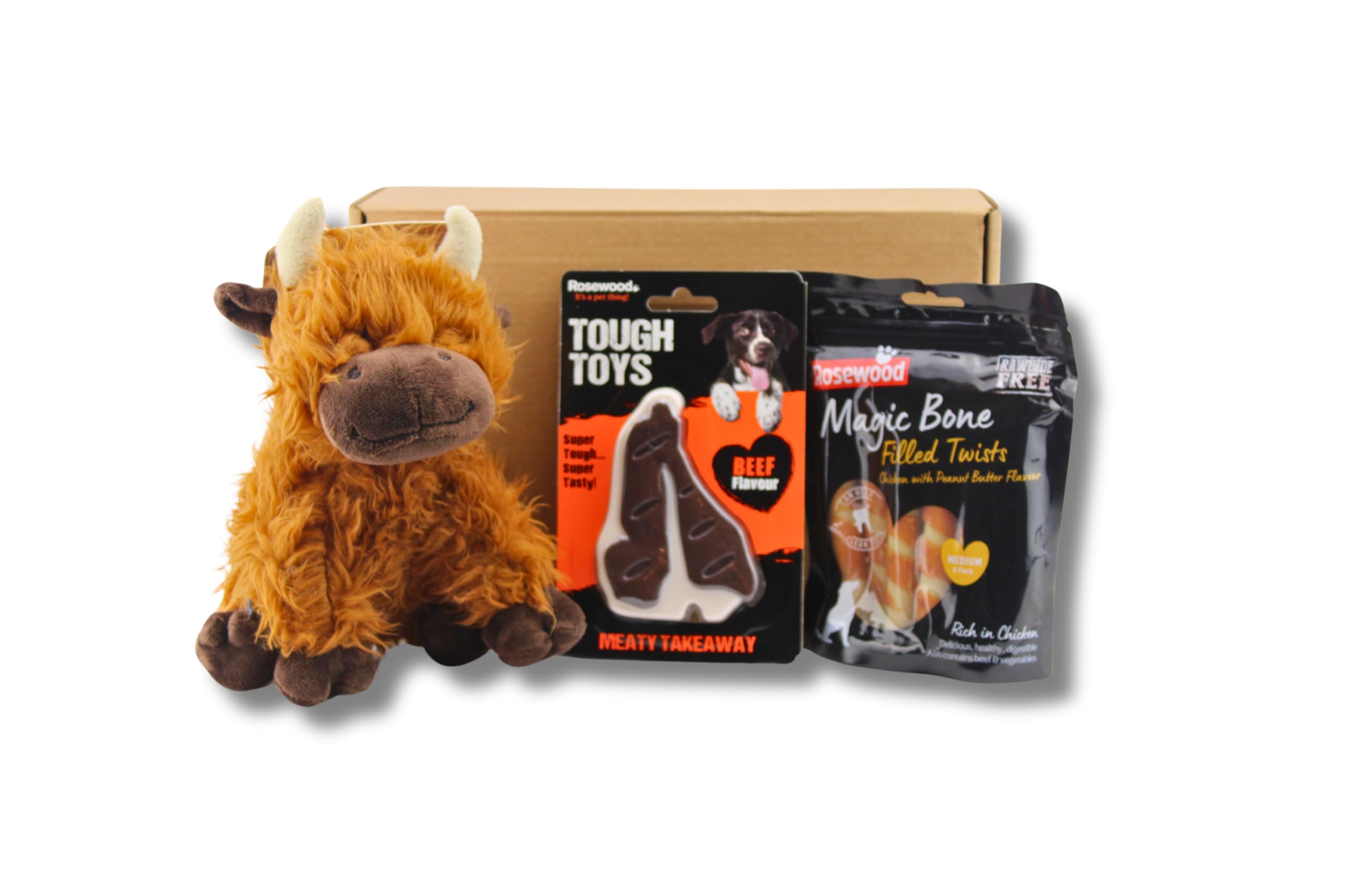 DogBox Boutique Cow Toy Dog Gifts Box Dog with tough toy beef flavor and Natural Eats T-Bone Steaks