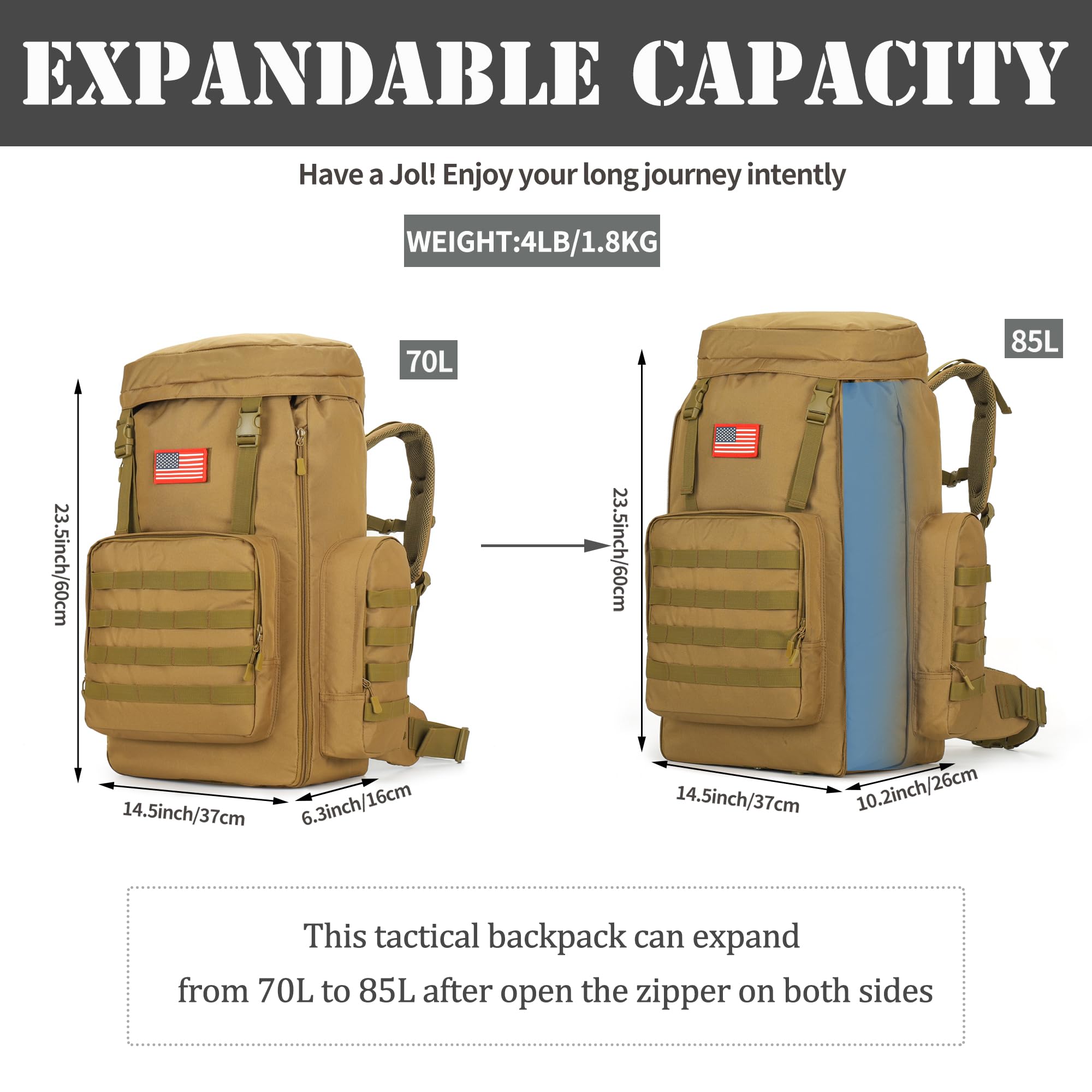 4land Big Camping Backpack for Men, Extra Large Hiking Backpack for Travel, 60L70L85L Oversized Waterproof Military Rucksack