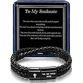 Alissl Leather Cross Bracelet for Men Christian Bible Verse Black Stainless Steel Bracelet, Inspirational Birthday Christian Valentine Gifts Ideas for Soulmate Boyfriend Man Dad Husband Grandson Son