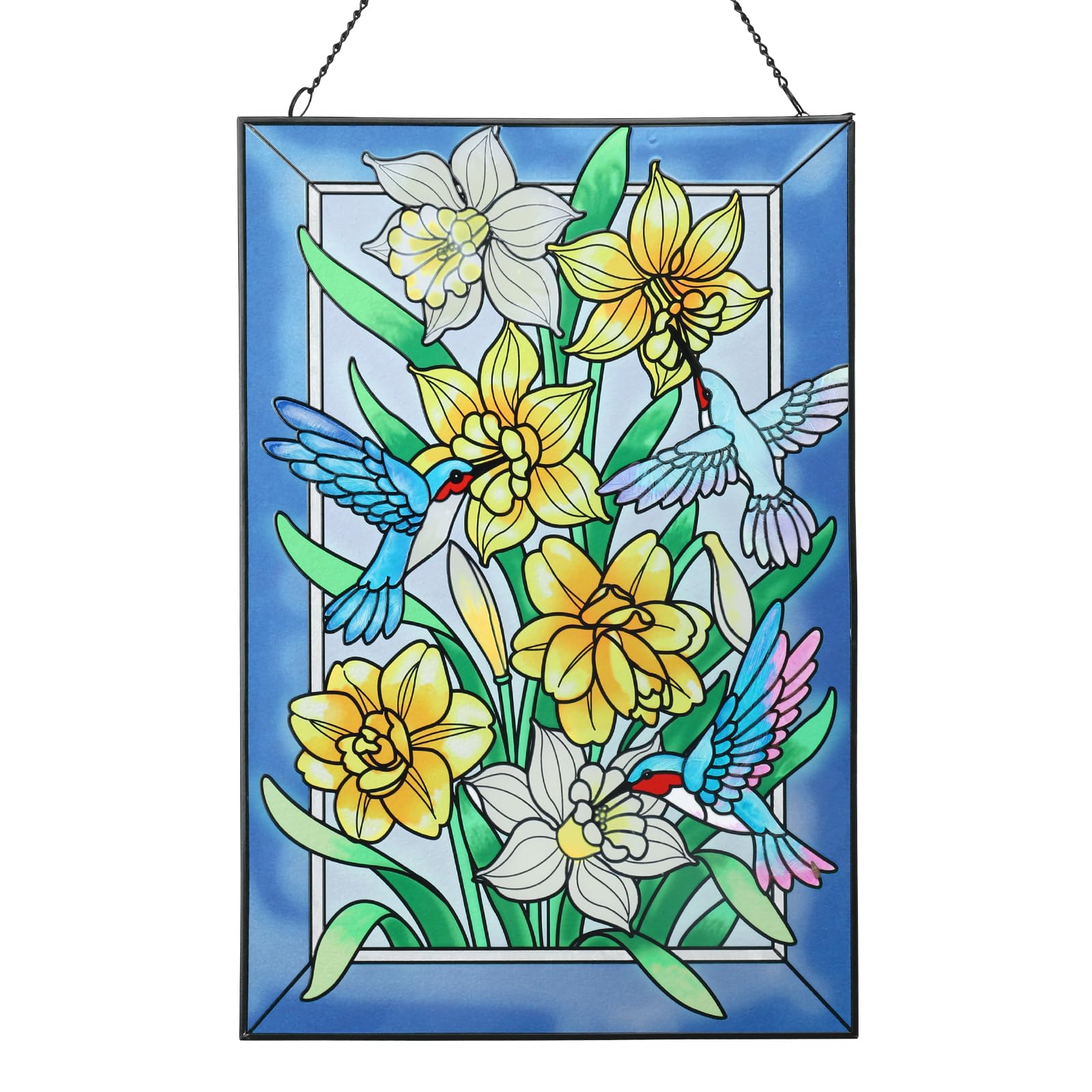 Photo 1 of MUMTOP Hummingbird Stained Glass Window Hanging 10" W x 15" H Rectangle Bird Daffodil Suncatcher Birthday Gift for Mom Grandma Bird Lovers