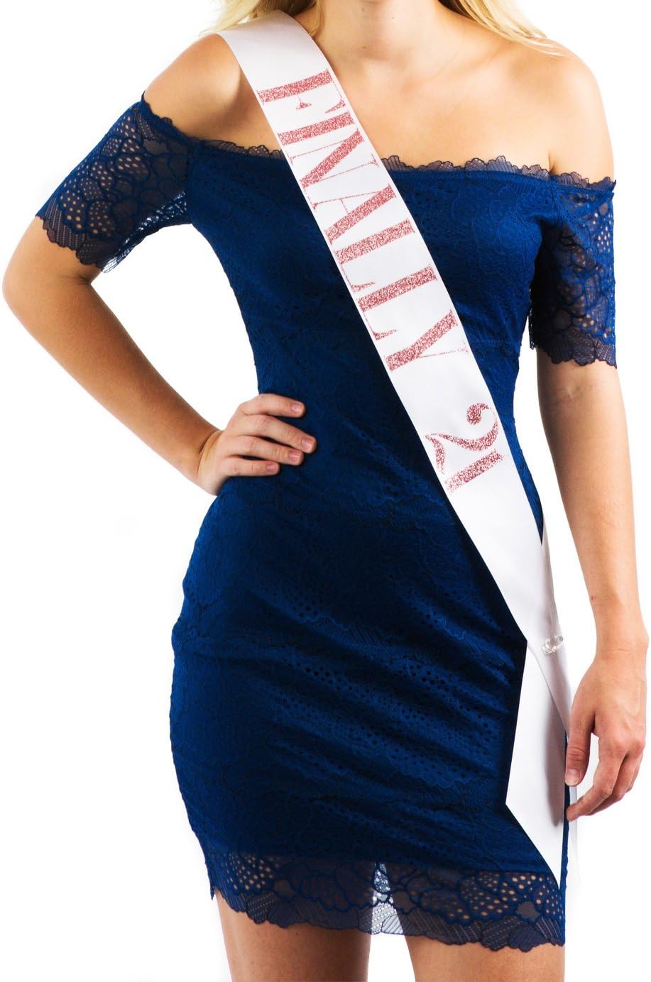White Satin Finally 21 Sash with Rose Glitter Lettering