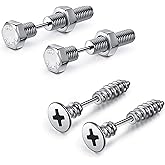 JOVIVI 2 Pairs Punk Stainless Steel 16G Silver Black Screw Stud Earrings for Men Women Body Piercing Jewelry