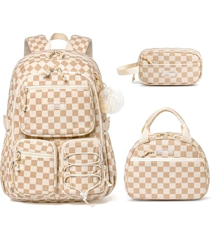 Lroiutian Girls Backpack Set for School Backpacks with Lunch Box Pencil Case 3 Piece Bookbags, Kids Elementary Teen Student Lightweight School Bag Set-Checkered Smile