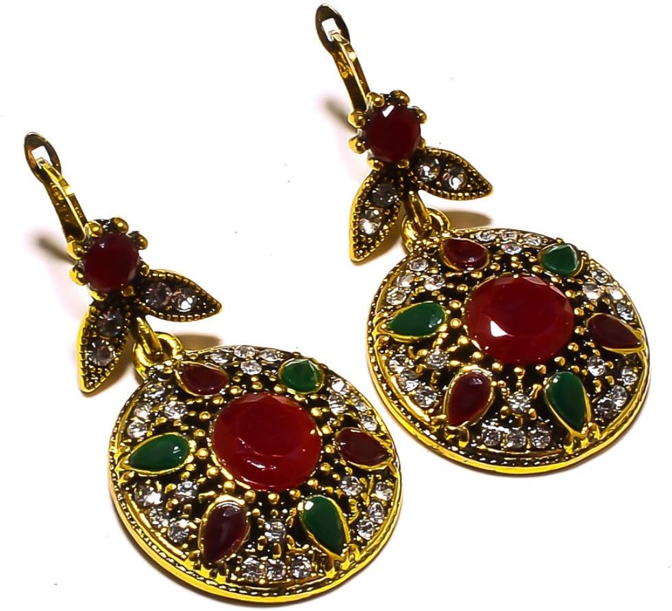 Turkish Style! Handmade Jewelry! Red Dyed Ruby, Dyed Emerald Brass Metal Earring 1.5"