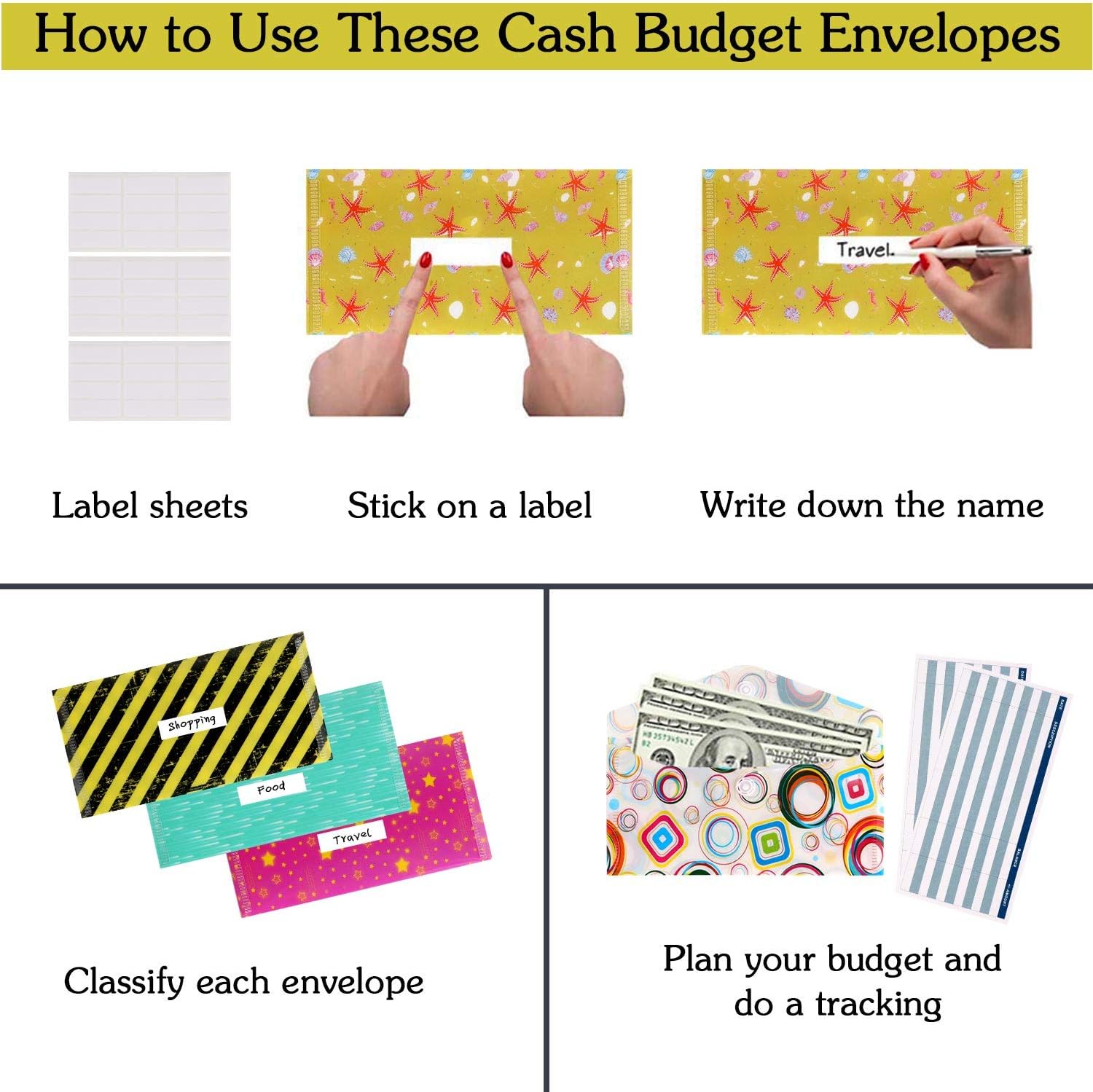 Cash Envelopes Plastic for Budget System - Money Envelopes for Budgeting and Saving, 12 Pack of Assorted Colors, Tear and Water Resistant, Includes 12 Expense Tracking Budget Sheets & 3 Label Sheets : Office Products