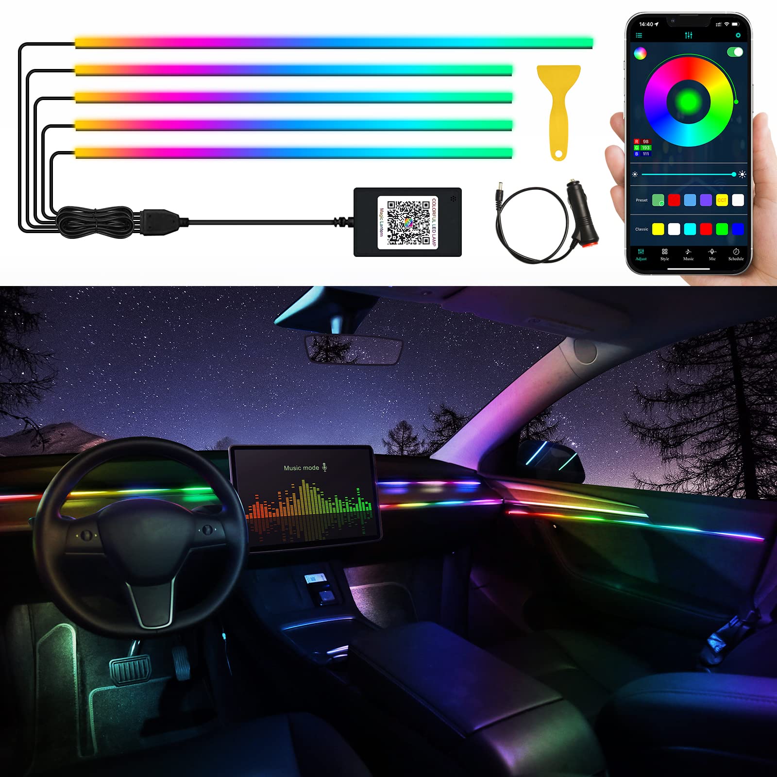 Photo 1 of Acrylic Interior Car LED Strip Light with Wireless APP, RGB Dreamcolor 5 in 1 Ambient Lighting Kits, 16 Million Colors Sound Active Function Car Neon Lights, Sync to Music (dreamcolor 5 in 1)